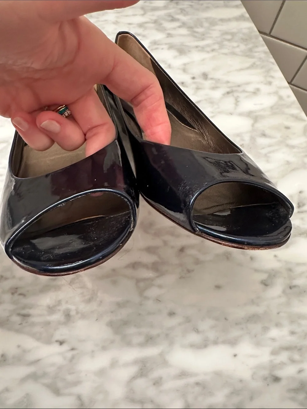 Cole Haan Nike Navy Patent Leather Peep-Toe Wedge Pumps
